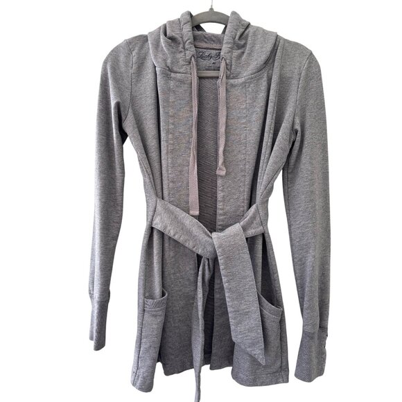 Lucky Brand Cozy Grey Hooded Wrap Cardigan With Tie Waist & Side Pockets - Picture 1 of 13